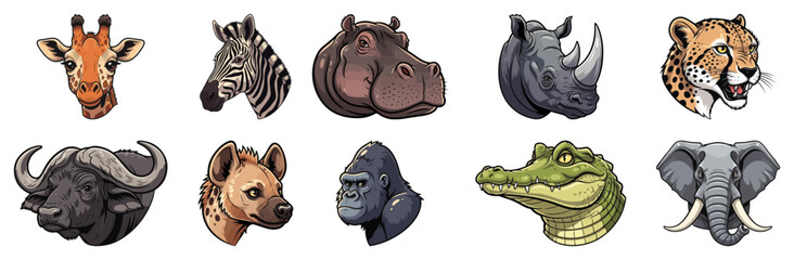 African Animals Head Icon Set. Cartoon collection of safari wildlife. Vector illustration.