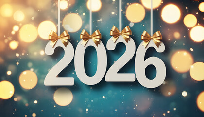 Festive 2026 new year celebration hanging white numbers with gold bows bokeh lights and blue background for holiday season