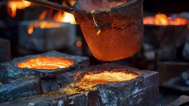 Molten copper being skillfully poured into molds at a bright foundry with sparks flying and glowing metal highlighting industrial craftsmanship.