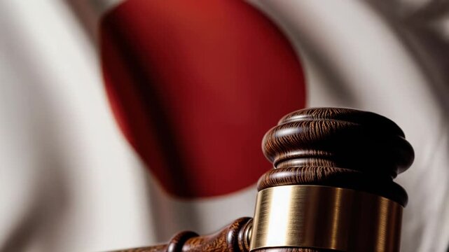 Japanese justice concept with judge gavel and flag