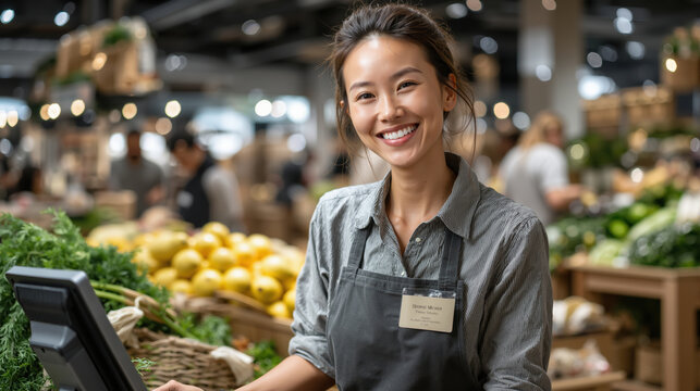 Smiling asian woman cashier in grocery store with fresh produce and busy background - Powered by Adobe