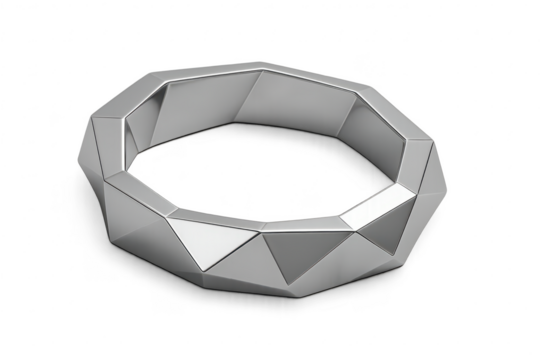 Shiny faceted silver polygonal ring isolated on a transparent background