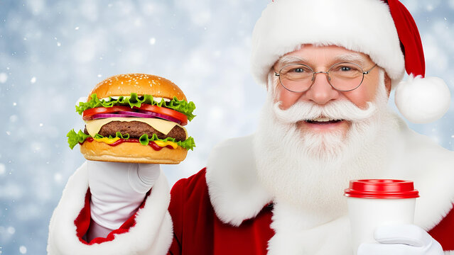 A cheerful Santa Claus in a red suit smiles while holding a paper coffee cup and posing with a large cheeseburger. A bright, playful holiday food concept on a clean white background. - Powered by Adobe