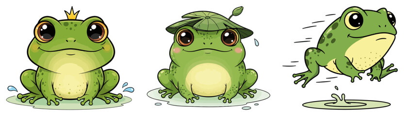 Cute Frog Cartoon Character Set. Vector Frog Prince and Jumping Amphibian Mascot Collection.