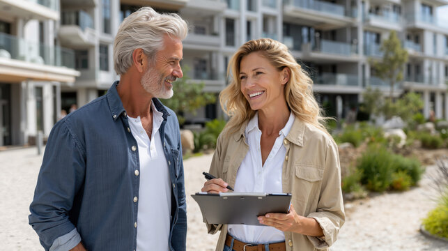 Smiling man and woman discussing real estate outdoors on background of modern buildings