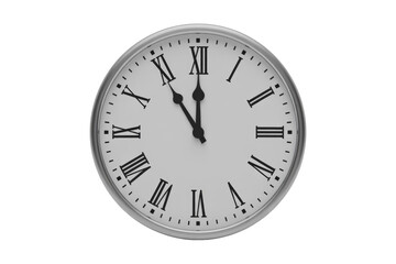 A classic silver-framed clock with Roman numerals and black hands showing five to twelve, centered on a solid transparent background. background removed