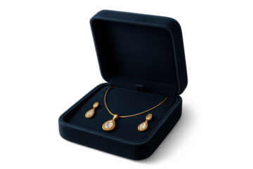 Gold necklace, diamond earrings in velvet box, isolated, transparent background.
