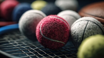 Vibrant colored tennis balls on racket, showing variety and competitive spirit
