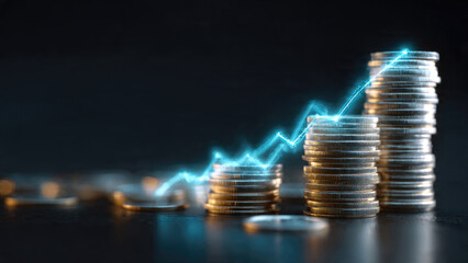 Ascending stacks of coins are illuminated by a glowing blue upward trend line, symbolizing significant financial growth, increasing profits, and successful investment strategies.