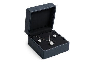 Elegant diamond necklace and earrings in box, transparent background.