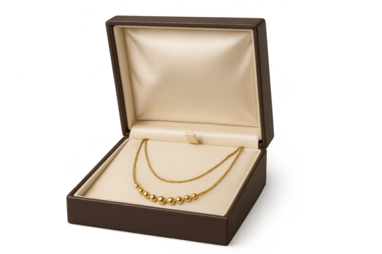 Elegant golden beaded necklace in open jewelry box, transparent background