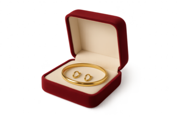 Elegant gold bracelet and earrings in red box isolated on transparent background