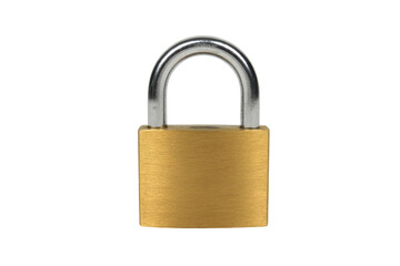 Fototapeta premium A classic brass padlock with a gleaming silver shackle, securely closed and isolated, symbolizing protection, security, and restricted access. background removed