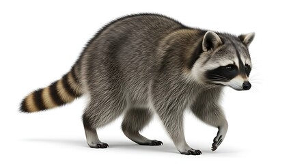 A raccoon walking, isolated on a white background, with a striped tail and distinctive mask.