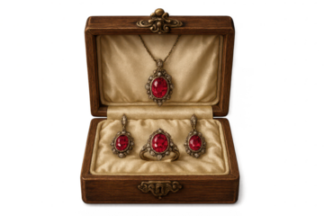 Exquisite ruby jewelry set in wooden box, isolated on transparent background