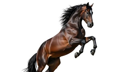 Obraz premium A majestic brown horse with a white blaze rearing up on its hind legs against a white background.
