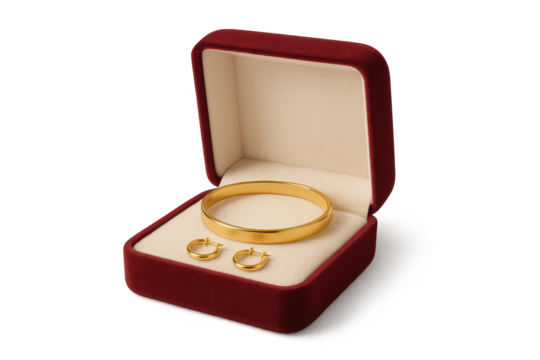 Gold jewelry set in red velvet box, isolated with transparent background.