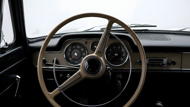 Fototapeta Nostalgic Vintage Car Interior Featuring a Cream Colored Steering Wheel