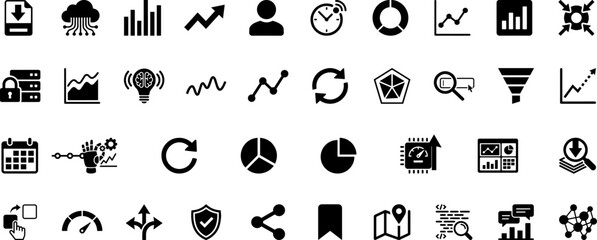 Comprehensive Glyph Icon Set for Data Analysis, Business Intelligence, and Digital Marketing: Modern Pictograms for Web, Dashboards, and Presentations