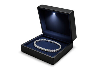 Exquisite diamond bracelet in a lit jewelry box, isolated on transparent background.