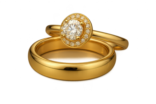 Gold wedding and diamond engagement rings on transparent background.