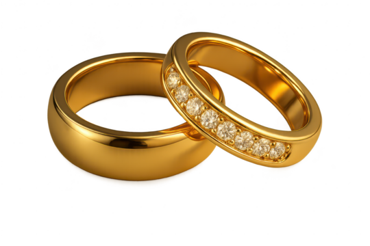 Two gold rings, one with sparkling diamonds, isolated on transparent background.