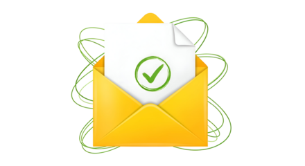 Approved document with a green checkmark in an open yellow envelope.