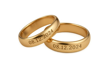 Golden wedding rings with 2024 date, isolated on a transparent background.