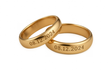 Golden wedding rings with 2024 date, isolated on a transparent background.