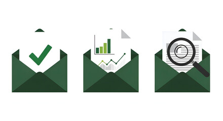 Set of three open envelopes with business documents for approval analysis and reporting.