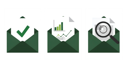 Set of three open envelopes with business documents for approval analysis and reporting.