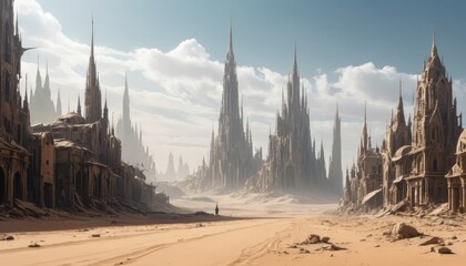 Majestic spires dominate a sweeping arid alien landscape