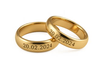 Golden wedding rings with 20.02.2024 engraving, isolated on transparent background
