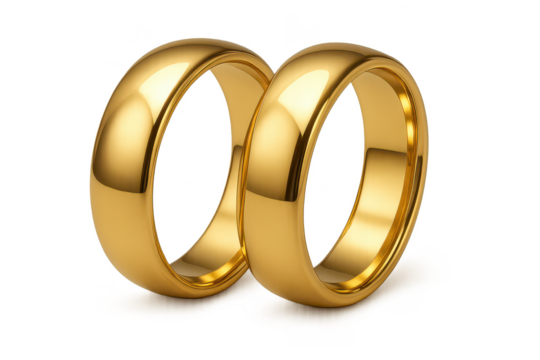 Two gleaming golden wedding rings isolated on transparent background, love symbol. - Powered by Adobe