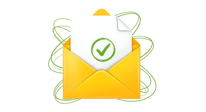 Approved document with a green checkmark in an open yellow envelope.