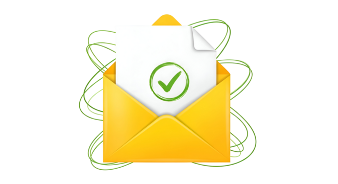 Approved document with a green checkmark in an open yellow envelope.