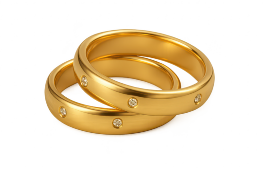 Two gold wedding rings with diamonds, isolated on transparent background.
