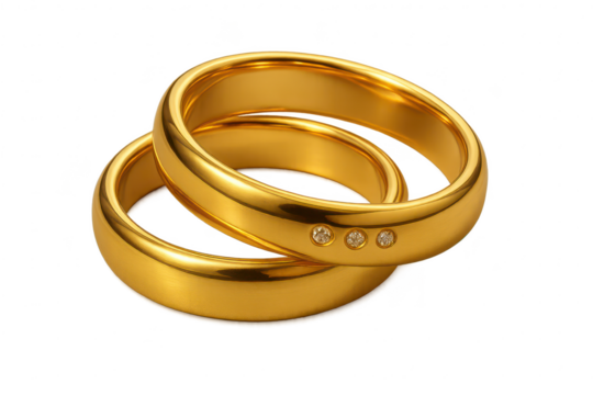 Elegant golden wedding rings with diamonds, isolated on transparent background.