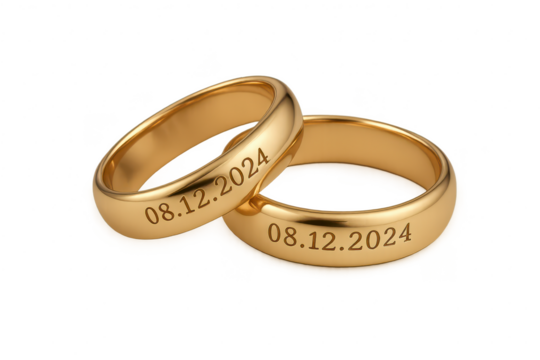 Golden wedding rings with 2024 date, isolated on a transparent background.