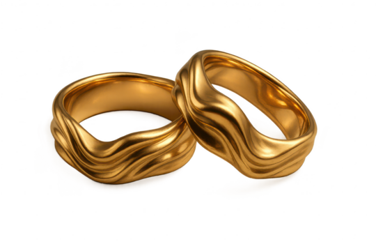 Elegant wavy gold rings, modern design, isolated on transparent background.