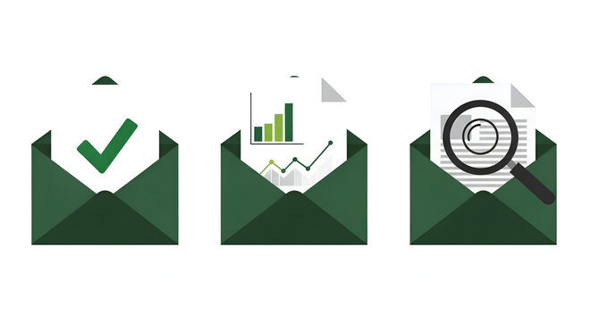 Set of three open envelopes with business documents for approval analysis and reporting.