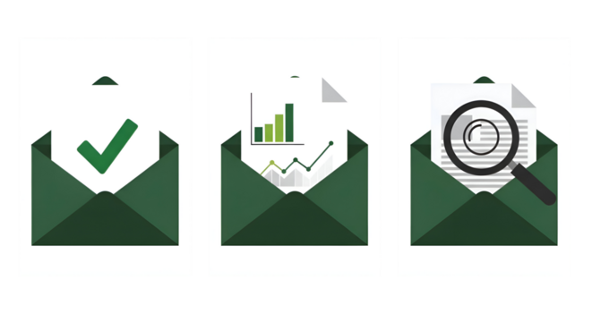 Set of three open envelopes with business documents for approval analysis and reporting.
