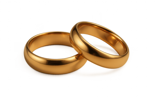 Elegant interlocked gold wedding rings isolated on transparent background