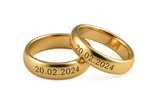 Golden wedding rings with 20.02.2024 engraving, isolated on transparent background - Powered by Adobe