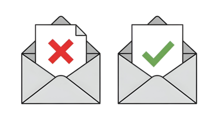 Approval and rejection concept with open envelopes and documents.
