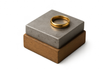 Golden wedding ring on metal and wood blocks, isolated, transparent background