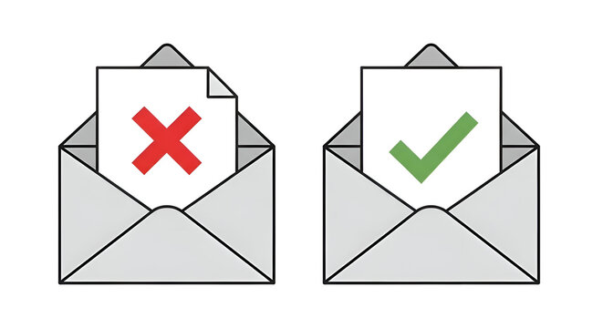 Approval and rejection concept with open envelopes and documents.