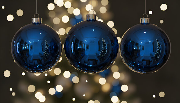Three reflective blue Christmas ornaments hanging against a bokeh background