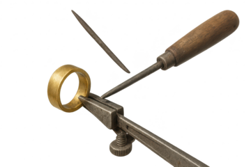 Gold ring in vise with crafting file, isolated on a transparent background.