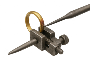 Gold ring held in metal clamp, shaped by tool, isolated on transparent background.